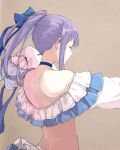  1girl back bare_shoulders blue_bow blue_choker bow brown_background choker closed_eyes coffeekite earrings fate/grand_order fate_(series) frills from_behind hair_bow jewelry long_hair long_sleeves meltryllis meltryllis_(swimsuit_lancer)_(fate) off_shoulder ponytail profile purple_hair sidelocks simple_background sleeves_past_fingers sleeves_past_wrists solo upper_body 