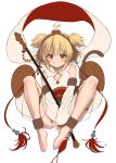  1girl :d alphy andira_(granblue_fantasy) animal_ears antenna_hair bangs barefoot between_legs blonde_hair blush breasts collarbone detached_sleeves erune granblue_fantasy grin hagoromo hand_between_legs highres knees_up leotard looking_at_viewer monkey_ears monkey_girl monkey_tail open_mouth sash see-through_sleeves shawl short_hair sidelocks simple_background sleeveless small_breasts smile solo symbol_commentary tail twintails two_side_up white_background white_leotard wide_sleeves 