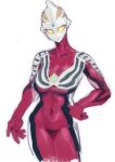  1girl closed_mouth collarbone covered_collarbone covered_navel genderswap genderswap_(mtf) hand_on_hip nicholas_f no_pupils simple_background sketch solo ultra_series ultraman_cosmos_(series) ultraman_justice white_background yellow_eyes 