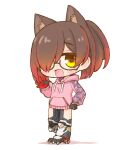  1girl android bangs blush brown_hair camouflage chibi clenched_hand gradient_hair hair_over_one_eye highres hololive hood hoodie mechanical_legs multicolored_hair nekoyama one_eye_covered open_hand open_mouth pink_hoodie redhead roboco-san short_hair solo tied_hair virtual_youtuber waving yellow_eyes 