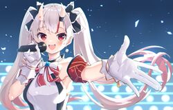  1girl :d blush bow bowtie brooch earrings fang gloves highres hololive horns idol jewelry long_hair looking_at_viewer microphone multicolored_hair music nakiri_ayame namaonpa nonstop_story open_mouth red_eyes redhead singing smile solo streaked_hair twintails upper_body virtual_youtuber white_gloves white_hair 