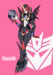  1girl ban!_(bansankan) breasts decepticon fang flamewar full_body helmet highres humanoid_robot insignia joints mecha medium_breasts metal_skin no_humans robot robot_joints solo standing transformers violet_eyes 