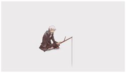  1boy black_jacket brown_footwear fishing_line grey_background grey_hair highres holding holding_stick jacket long_sleeves narukami_yuu nin_nakajima no_mouth no_nose persona persona_4 shoes short_hair simple_background solo stick wide_shot 