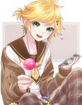  1boy aqua_eyes black_collar blonde_hair cable candy cellphone collar commentary earphones food giving hair_ornament hairclip heart highres holding holding_candy holding_food holding_lollipop holding_phone kagamine_len lollipop looking_at_viewer male_focus nail_polish necktie open_mouth pants phone plaid plaid_pants sailor_collar school_uniform shirt short_ponytail sitting smartphone smile soramame_pikuto spiky_hair vocaloid white_shirt yellow_nails yellow_neckwear 