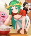  2girls arms_(game) blonde_hair bun_cover china_dress chinese_clothes cleavage_cutout clothing_cutout dress food green_eyes green_hair hat highres jiangshi katwo kid_icarus kid_icarus_uprising kirby kirby_(series) looking_at_viewer min_min_(arms) multiple_girls palutena pelvic_curtain side_slit smile super_smash_bros. tabard 