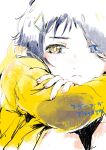  1girl blue_eyes blue_hair close-up commentary copyright_name frown hair_ornament hair_over_one_eye hairpin heterochromia highres hood hoodie knees_up ooto_ai partially_colored short_hair sitting sketch solo triangle_hair_ornament wakame_(pixiv128625) wonder_egg_priority yellow_eyes yellow_hoodie 