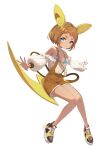 1girl alolan_form alolan_raichu animal_ears bangs bikini bikini_under_clothes black_footwear blue_bikini blue_eyes blush bob_cut breasts brown_hair brown_shorts closed_mouth commentary cross-laced_footwear full_body gen_1_pokemon gen_7_pokemon gijinka highres long_sleeves looking_at_viewer no_socks off-shoulder_shirt off_shoulder outstretched_arms overall_shorts personification pokemon raichu shirt shoes short_hair shorts small_breasts smile sneakers solo spread_arms swimsuit tail white_shirt yu-ri