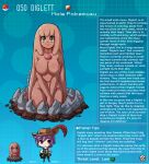  1boy 1girl artist_name breasts character_name character_profile diglett english_commentary gen_1_pokemon grey_eyes hat heart heart-shaped_pupils highres kinkymation large_breasts no_nipples own_hands_together personification poke_ball pokemon purple_hair symbol-shaped_pupils 