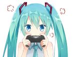  1girl :&lt; aqua_hair aqua_neckwear arms_up bangs bare_shoulders blue_eyes closed_mouth controller eyebrows_visible_through_hair eyes_visible_through_hair hair_ornament hatsune_miku holding holding_controller kamu_(geeenius) looking_at_viewer necktie sidelocks simple_background twintails vocaloid 