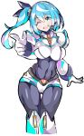  absurdres aqua_eyes aqua_hair blush breasts covered_navel enpe eyebrows_visible_through_hair feet_out_of_frame highres large_breasts long_hair microphone one_eye_closed open_mouth pointing rico_(rockman) rockman rockman_x rockman_x_dive side_ponytail simple_background smile white_background 