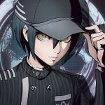  1boy adjusting_clothes adjusting_headwear artist_name bangs baseball_cap black_hair black_headwear black_jacket brown_eyes closed_mouth commentary dangan_ronpa_(series) dangan_ronpa_v3:_killing_harmony english_text gakuran hair_between_eyes hand_up hat jacket long_sleeves looking_at_viewer male_focus qosic saihara_shuuichi school_uniform short_hair smile solo striped striped_jacket upper_body 