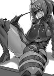  1girl absurdres bangs belt black_gloves breasts closed_mouth eyepatch gloves hair_between_eyes hat highres holster jacket large_breasts leona_heidern looking_at_viewer midriff military_hat military_jacket monochrome navel ponytail riding_crop simple_background skindentation snk_heroines:_tag_team_frenzy solo sorysam2005 tank_top the_king_of_fighters thigh_holster thigh_strap thighs thong under_boob 