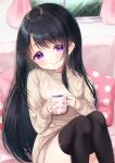  1girl bangs black_hair black_legwear blurry blurry_background blush brown_sweater closed_mouth commentary_request cup curtains depth_of_field dress eyebrows_visible_through_hair feet_out_of_frame highres holding holding_cup indoors knees_up long_hair long_sleeves mirai_(happy-floral) mug original pillow polka_dot sitting sleeves_past_wrists smile solo steam sweater sweater_dress thigh-highs very_long_hair violet_eyes window 
