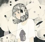  1girl abstract awai880 bangs blunt_bangs blush gorilla grey_eyes grey_hair medium_hair original print_shirt shirt short_sleeves signature solo upper_body white_shirt 