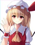  1girl crying crying_with_eyes_open flandre_scarlet hand_up hat highres kure:kuroha mob_cap open_hand simple_background solo streaming_tears tears touhou upper_body waving white_background white_headwear wings 