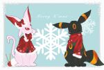  animal_focus blank_eyes blue_background blue_border border bow bowtie capelet christmas closed_eyes closed_mouth clothed_pokemon commentary_request espeon forehead_jewel full_body gen_2_pokemon hair_bow happy highres iogi_(iogi_k) knitting_needle merry_christmas needle no_humans pokemon pokemon_(creature) red_bow red_capelet red_eyes red_neckwear red_scarf scarf sitting smile snowflake_background snowflake_print straight-on tears umbreon yarn yarn_ball 