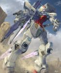  absurdres arm_cannon artist_name atsajh blue_eyes clenched_hand clouds commission g3-saviour gun gundam gundam_g-saviour highres holding holding_gun holding_weapon looking_up mecha no_humans skeb_commission sky solo thrusters v-fin weapon 