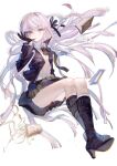  1girl adjusting_clothes adjusting_gloves black_footwear black_neckwear black_ribbon black_skirt book boots braid dangan_ronpa:_trigger_happy_havoc dangan_ronpa_(series) ear_piercing eyebrows_visible_through_hair food gloves hair_ribbon high_heel_boots high_heels highres jacket kirigiri_kyouko lavender_hairband long_hair mouth_pull necktie noodles pages panties piercing popped_collar purple_jacket ramen ribbon rumoon_cocoa simple_background skirt solo underwear violet_eyes white_background white_panties 