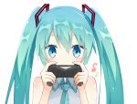  1girl aqua_hair aqua_neckwear arms_up bangs bare_shoulders blue_eyes blush closed_mouth controller eyebrows_visible_through_hair eyes_visible_through_hair hair_ornament hatsune_miku holding holding_controller kamu_(geeenius) looking_at_viewer necktie sidelocks simple_background smile twintails vocaloid 