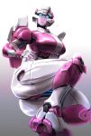  1girl arcee autobot blue_eyes breasts gradient gradient_background highres large_breasts looking_at_viewer looking_down mecha no_humans no_nose oberon826 robot solo squatting thick_thighs thighs transformers 