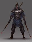  1other ambiguous_gender armor armored_boots blue_cape boots breastplate cape dated dual_wielding english_commentary fantasy full_body gauntlets glowing_headgear grey_background helmet highres holding holding_staff leg_armor original pauldrons satoru_wada shoulder_armor signature solo staff standing 