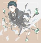  1boy bad_perspective black_footwear black_gloves black_hair black_suit cane fate/grand_order fate_(series) foreshortening glint gloves grey_eyes looking_at_viewer magnifying_glass paper pipe_in_mouth sherlock_holmes_(fate/grand_order) short_hair solo standing trstfx_(lina) 