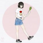  1girl awai880 bangs belt black_eyes black_hair blue_shorts circle food holding holding_food holding_vegetable original phone print_shirt shirt shoes short_hair short_sleeves shorts signature solo spring_onion standing vegetable white_shirt wide_shot 