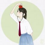  1girl arm_behind_back awai880 black_eyes black_hair blue_skirt blush circle collared_shirt cowboy_shot long_hair long_sleeves necktie original ponytail red_neckwear shirt shirt_tucked_in signature skirt solo tomato white_shirt 