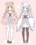 2girls :d ahoge bear_hair_ornament black_legwear black_neckwear blue_eyes blue_skirt blush bow brown_eyes brown_footwear brown_hair closed_mouth commentary_request double_bun grey_hair hair_bow hair_ornament heart jacket japanese_clothes kimono long_hair long_sleeves multiple_girls neckerchief obi one_side_up open_clothes open_jacket open_mouth original pink_background pink_jacket pleated_skirt sailor_collar sash school_uniform serafuku shiratama_(shiratamaco) shirt skirt sleeves_past_fingers sleeves_past_wrists smile thigh-highs very_long_hair white_bow white_kimono white_legwear white_sailor_collar white_shirt wide_sleeves work_in_progress zouri 