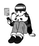  1girl awai880 bangs black_eyes black_footwear blunt_bangs bright_pupils grey_pants greyscale highres holding holding_phone knees_up long_sleeves monochrome mouth_hold original pants phone shoes simple_background solo white_background white_pupils 