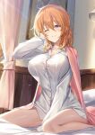  1girl ;) bangs between_legs breasts commentary curtains day dress_shirt gochuumon_wa_usagi_desu_ka? hair_between_eyes hand_between_legs hand_on_own_cheek hand_on_own_face highres hoto_cocoa indoors ks_(xephyrks) large_breasts long_sleeves looking_at_viewer no_bra no_pants older on_bed one_eye_closed orange_hair see-through_silhouette shirt short_hair sitting smile solo violet_eyes white_shirt 