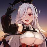  1girl ;d absurdres arm_up armpits azur_lane bangs bare_shoulders black_gloves black_hairband black_neckwear black_sleeves blush breasts collared_shirt commentary_request crop_top detached_sleeves eyebrows_behind_hair gloves hair_between_eyes hairband highres iron_blood_(emblem) korean_commentary large_breasts lave2600 long_hair looking_at_viewer mixed-language_commentary mole mole_under_eye necktie one_eye_closed open_mouth parted_bangs prinz_heinrich_(azur_lane) red_eyes ribbed_shirt shirt sidelocks smile solo sparkle sunset under_boob upper_body upper_teeth very_long_hair white_hair 