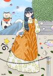  1girl apron awai880 bangs black_eyes black_hair blue_sky blunt_bangs bubble chain clouds cloudy_sky dress flower full_body leaf long_hair maneki-neko mountain orange_apron original print_dress signature sky solo standing white_dress yellow_flower 