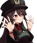  1girl absurdres black_hair black_headwear black_shirt bracelet breasts chinese_clothes collared_shirt genshin_impact grin hands_up hat highres hu_tao jewelry long_hair long_sleeves looking_away multiple_rings pellas_(panix2383) qing_guanmao red_eyes red_shirt ring shirt simple_background small_breasts smile solo star-shaped_pupils star_(symbol) symbol-shaped_pupils twintails undershirt upper_body white_background 