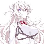  1girl commentary cosplay hatsune_miku hatsune_miku_(cosplay) heterochromia kkr_rkgk looking_at_viewer megurine_luka neck_ribbon parted_lips project_sekai red_eyes red_ribbon ribbon shirt sketch solo upper_body violet_eyes vocaloid white_background white_hair white_shirt 