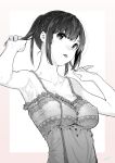  1girl absurdres armpits camisole collarbone covered_nipples fingernails greyscale highres medium_hair monochrome nanatsuda original solo tongue tongue_out twintails 