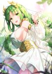  1girl absurdres afk_arena armpits bangs blurry blurry_foreground blush braid breasts bug butterfly commentary_request day depth_of_field detached_sleeves dress eyebrows_visible_through_hair eyes_visible_through_hair flora_(afk_arena) goroo_(eneosu) green_eyes green_hair hair_ornament highres insect large_breasts long_hair looking_at_viewer open_mouth outdoors parted_bangs puffy_sleeves see-through_sleeves sideboob single_braid smile solo upper_teeth white_dress 