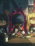  3girls :3 absurdres angry animal_ears armor aura banner blonde_hair blue_hair braid bread breastplate brown_eyes brown_hair candle cheese cup cyclops dark_aura eating english_commentary fantasy fingerless_gloves fleur_de_lis food fork gloves hairband highres mouse_ears multiple_girls one-eyed original porforever scarf shaded_face single_eye sweat sweating_profusely table wavy_mouth yellow_eyes 