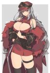 1girl bangs black_legwear blunt_bangs blush breasts character_request cleavage_cutout closed_mouth clothing_cutout detached_sleeves dungeon_and_fighter earrings eyebrows_visible_through_hair frown fur gogoco grey_hair hat highres jewelry large_breasts leg_belt long_hair looking_at_viewer meme_attire open-chest_sweater peaked_cap red_eyes red_headwear red_skirt ribbed_sweater skirt standing sweatdrop sweater thigh-highs turtleneck turtleneck_sweater 