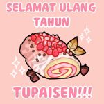  acorn ayunda_risu cake commentary_request food hololive hololive_indonesia indonesian_commentary indonesian_text kureiji_ollie_(artist) leaf no_humans objectification pink_background solo sparkle swiss_roll translation_request virtual_youtuber 