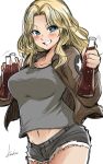  1girl artist_name black_shirt black_shorts blonde_hair blue_eyes bottle brown_jacket commentary cowboy_shot cutoffs denim denim_shorts emblem girls_und_panzer grin hair_intakes highres holding holding_bottle jacket kachikomi_alc kay_(girls_und_panzer) long_hair long_sleeves looking_at_viewer micro_shorts midriff military military_uniform motion_lines navel open_clothes open_jacket saunders_military_uniform shirt shorts signature simple_background smile soda_bottle solo standing star_(symbol) uniform white_background 