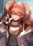  1girl absurdres angelina_(arknights) animal_ears arknights black_choker black_shirt choker gloves grey_jacket hairband hand_up highres huge_filesize jacket long_hair long_sleeves looking_at_viewer open_clothes open_jacket orange_eyes orange_hair shirataki_jiro shirt solo twintails upper_body 