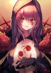  1girl bangs breast_curtains breasts chest_tattoo facial_mark fate/grand_order fate_(series) fur_collar gloves gradient gradient_background highres hood hood_up large_breasts long_hair looking_at_viewer purple_hair red_eyes scathach_(fate)_(all) scathach_(fate/grand_order) shimotsuki_shio smile spikes tattoo 