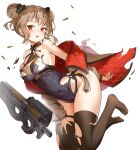  1girl :o absurdres bangs bare_shoulders belt black_legwear blush breasts brown_hair bullet bullpup commentary_request cosplay covered_navel double_bun full_body furrowed_eyebrows girls_frontline gun hair_ornament hand_on_thigh highres huge_filesize hyoin legs_up leotard lwmmg_(girls_frontline) lwmmg_(girls_frontline)_(cosplay) medium_breasts off_shoulder p90 p90_(girls_frontline) red_eyes shell_casing short_hair simple_background skindentation solo submachine_gun thigh-highs torn_clothes torn_jacket torn_legwear weapon white_background 