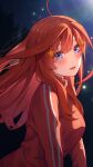 1girl :d ahoge bangs blue_eyes blurry blurry_background blush breasts commentary_request eyebrows_visible_through_hair go-toubun_no_hanayome hair_ornament highres jacket large_breasts lens_flare light_particles long_hair long_sleeves looking_at_viewer nakano_itsuki night night_sky open_mouth rainbow red_jacket redhead shishamo_(masato_k) sky smile solo star_(sky) star_(symbol) star_hair_ornament track_jacket upper_body
