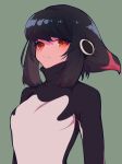  1girl absurdres adelie_penguin_(kemono_friends) bangs black_hair bodysuit breasts brown_eyes expressionless green_background hair_ornament highres kemono_friends looking_to_the_side medium_breasts notora short_hair sidelocks solo turtleneck wavy_mouth 