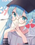  1girl 39 aqua_eyes aqua_hair aqua_nails black_headwear commentary drawstring fingers_together grey_hoodie hat hatsune_miku heart hood hoodie interlocked_fingers light_blush long_hair looking_at_viewer nail_polish noneon319 smile solo translation_request twintails upper_body vocaloid 