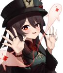  1girl absurdres black_hair black_headwear black_shirt bracelet breasts chinese_clothes collared_shirt genshin_impact ghost hands_up hat highres hu_tao jewelry long_hair long_sleeves looking_at_viewer multiple_rings open_mouth pellas_(panix2383) qing_guanmao red_eyes red_shirt ring shirt simple_background small_breasts smile solo star-shaped_pupils star_(symbol) sweatdrop symbol-shaped_pupils twintails undershirt upper_body v-shaped_eyebrows white_background 