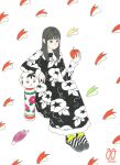  1girl apple apple_bunny apple_slice awai880 bangs black_dress black_eyes black_hair blunt_bangs bright_pupils dress food fruit highres holding holding_food holding_fruit long_hair long_sleeves original patterned_background print_dress sandals signature solo white_pupils 