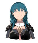  1girl armor bakkanki black_armor blue_eyes blue_hair byleth_(fire_emblem) byleth_eisner_(female) crest eyebrows eyebrows_visible_through_hair fire_emblem fire_emblem:_three_houses long_hair looking_at_viewer neckwear simple_background smile smug solo solo_focus upper_body white_background white_neckwear 